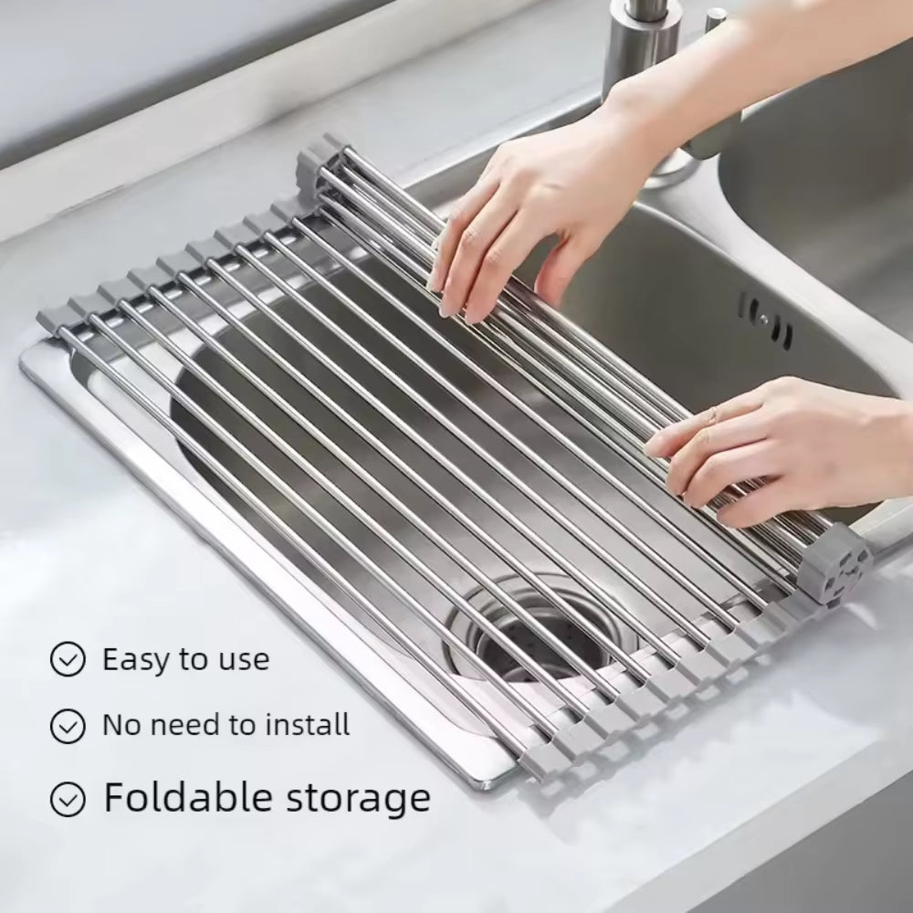 Rollable Foldable Stainless Steel Sink Drying Rack Kitchen Multifunctional Dish Drainer for Vegetable Fruit Storage