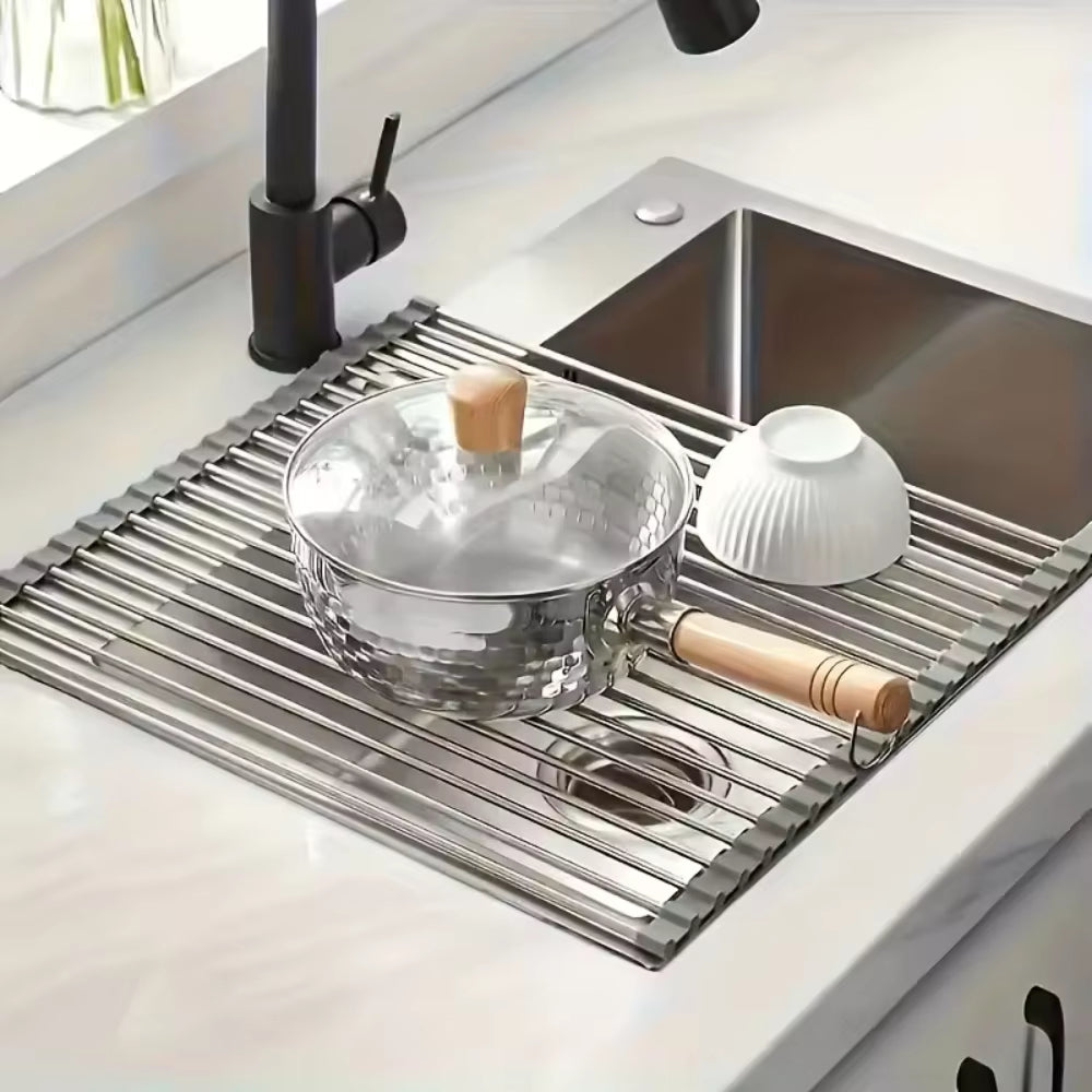 Rollable Foldable Stainless Steel Sink Drying Rack Kitchen Multifunctional Dish Drainer for Vegetable Fruit Storage