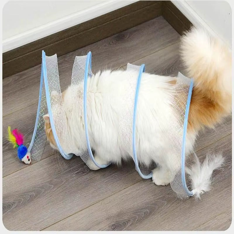 Folded Cat Tunnel S Type Cats Tunnel Spring Toy Mouse Tunnel with Balls and Crinkle Cat Outdoor Cat Toys for Kitten Interactive