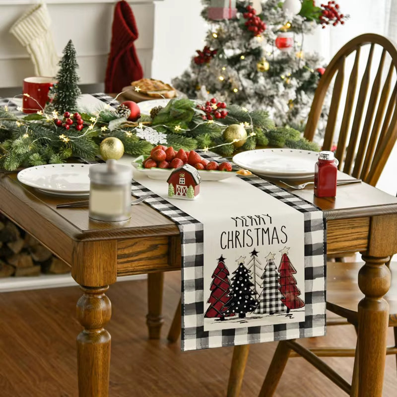 Holiday Linen Table Runner, Plaid Trees design on a dining table