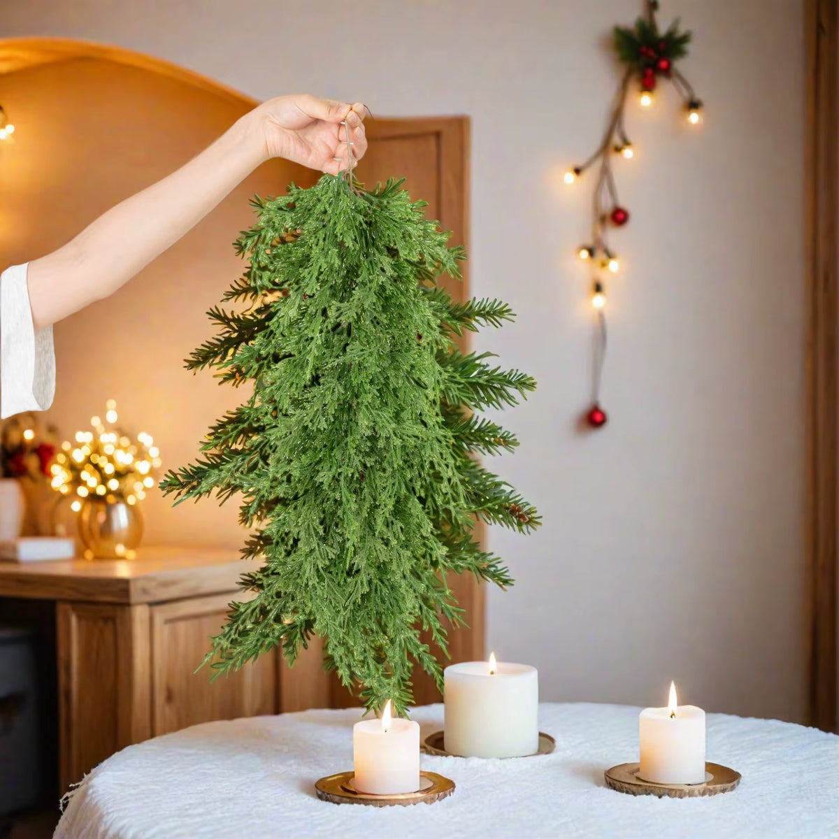 60Cm Christmas Cedar Garland Branches Pine Artificial Green Faux Cedar Pine Garland for Mantle Fireplace Home Decoration