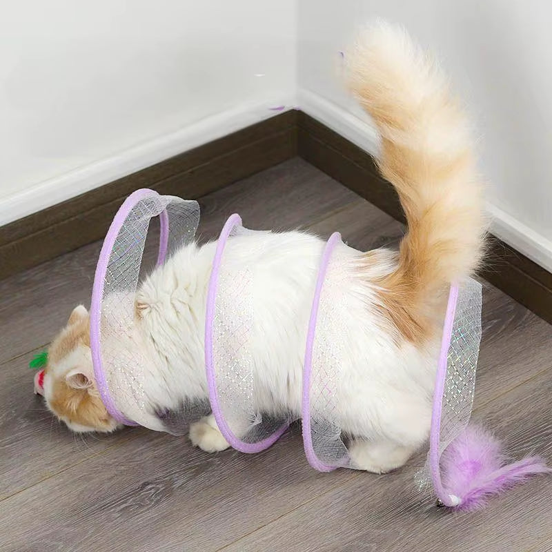 Folded Cat Tunnel S Type Cats Tunnel Spring Toy Mouse Tunnel with Balls and Crinkle Cat Outdoor Cat Toys for Kitten Interactive