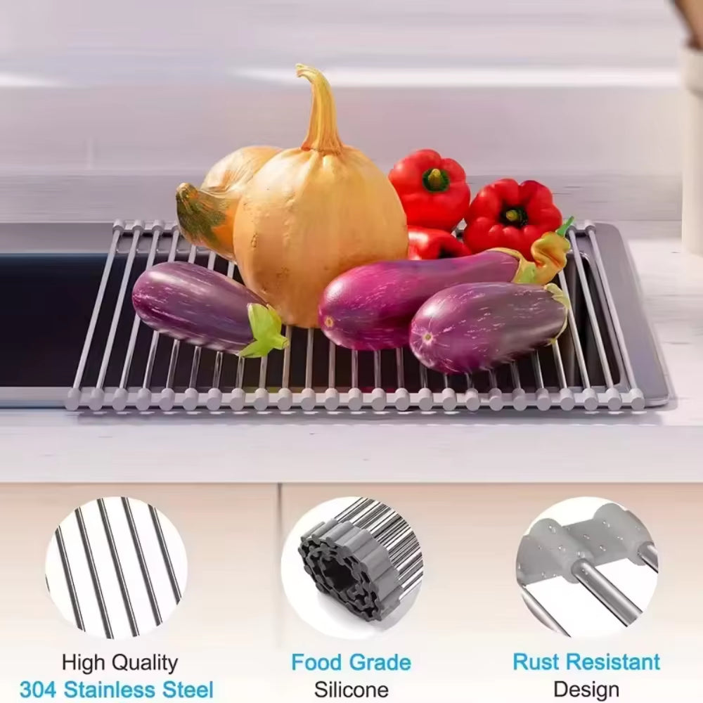Rollable Foldable Stainless Steel Sink Drying Rack Kitchen Multifunctional Dish Drainer for Vegetable Fruit Storage