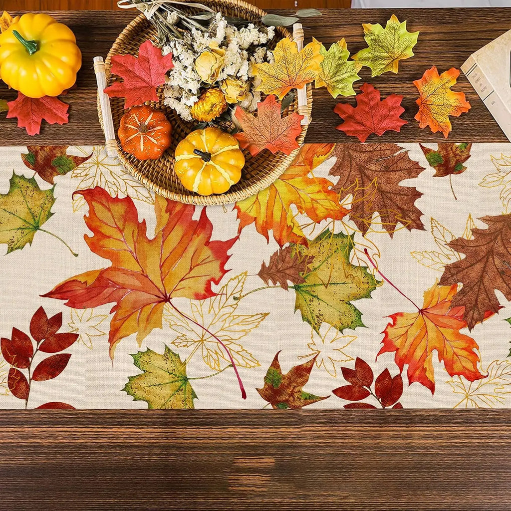 Fall Maple Leaves Linen Table Runners Party Decor Autumn Thanksgiving Harvest Dresser Scarf Holiday Kitchen Dining Table Decor