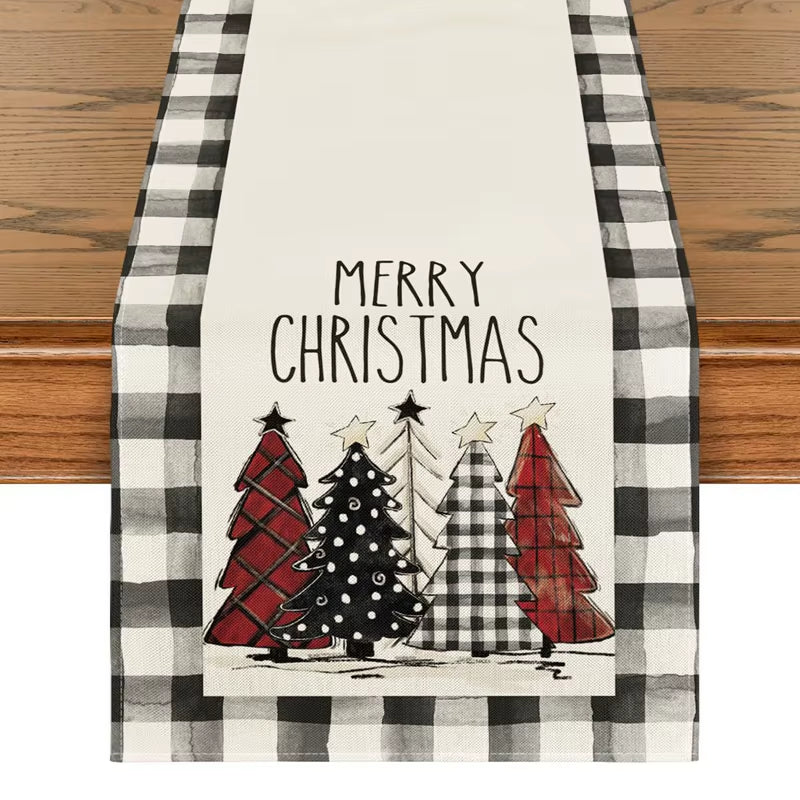 Holiday Linen Table Runner, Plaid Trees design