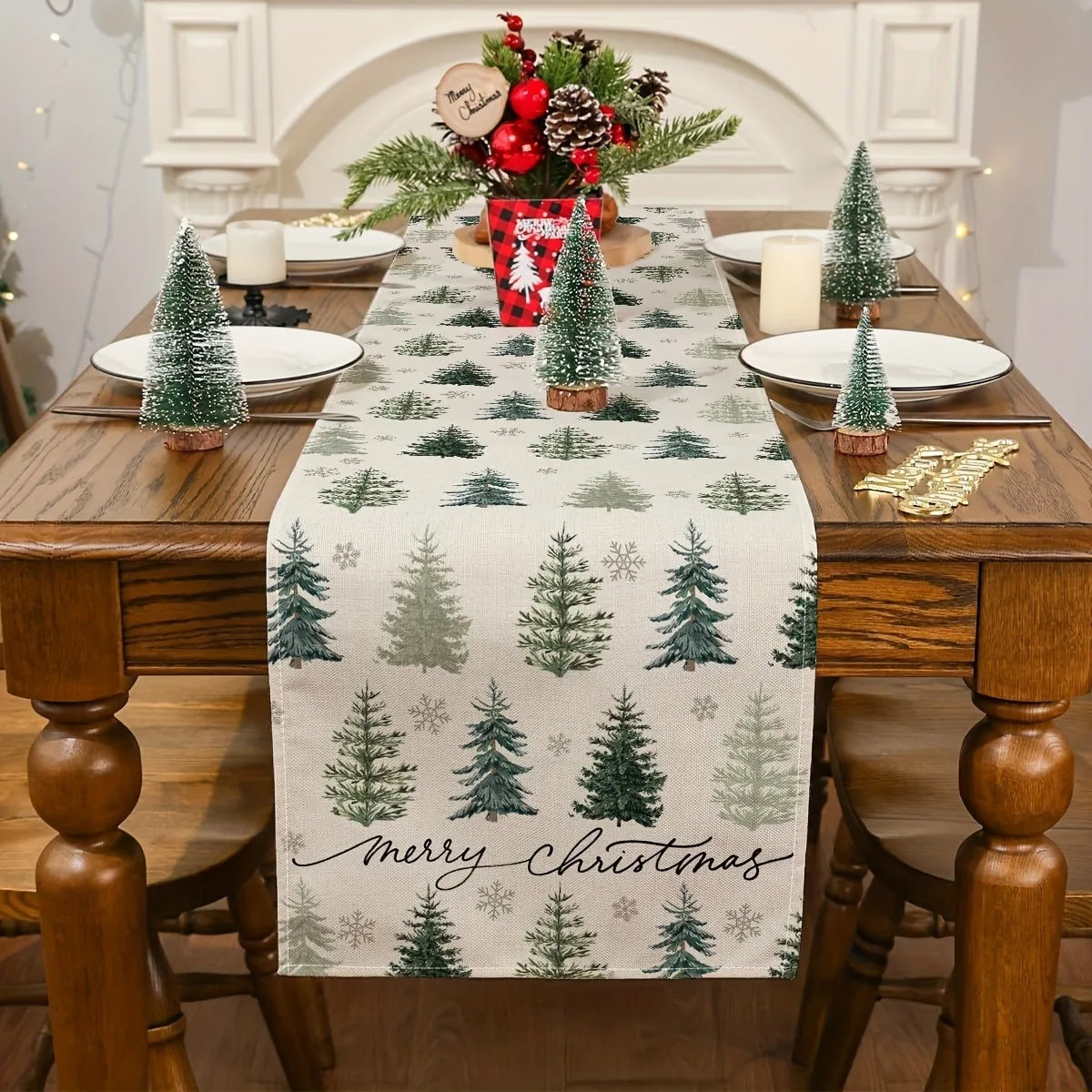 Christmas Tree Table Runner, Green Pines design on a dining table